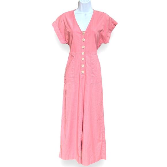 Madewell Button-Front Day Wide Leg Relaxed Jumpsuit Romantic Coral Womens Sz 00 - Picture 2 of 8